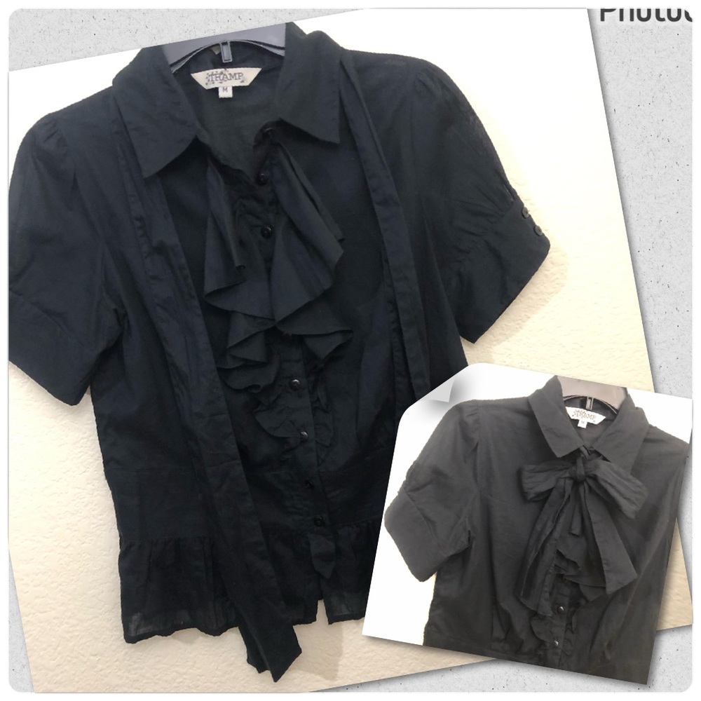 TRAMP Juniors Medium Black Ruffle Neck Tie Blouse Top Sheer See-Through NWOT